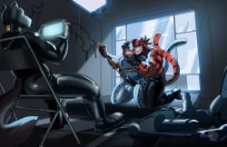 absurd_res anthro barazoku biped black_latex blktigerart bondage canid canine canis dominant dominant_anthro dominant_male erection felid genitals gimp_mask group hi_res humanoid_genitalia humanoid_penis kneeling_on_bed latex male male/male mammal mask muscular muscular_anthro muscular_male pantherine penis snow_leopard submissive submissive_anthro submissive_male tiger trio wolf
