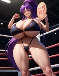 1girls ai_generated atomic_blue64 bangs bare_shoulders big_breasts bikini breasts cleavage clenched_teeth clothing collarbone curvy eiken eyelashes female female_focus female_only fighting_ring gigantic_breasts grin highleg highleg_bikini hips holding_object holding_sign huge_breasts human indoors kirika_misono large_breasts looking_at_viewer looking_down navel o-ring o-ring_bikini parted_lips pinup pixai ponytail purple_eyes purple_hair revealing_clothes shiny_skin sideboob sidelocks sign skimpy skindentation smile solo solo_female swimsuit teeth thick_thighs thighs tied_hair underboob very_long_hair voluptuous wide_hips