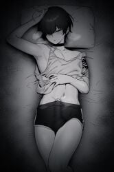1boy absurdres arm_tattoo armpits bulge choker closed_eyes earrings erection erection_under_clothes highres in_(ain) jewelry lying male_focus midriff monochrome navel on_back on_bed original otoko_no_ko penis penis_peek precum short_hair shorts sleeping tank_top tattoo wet_dream