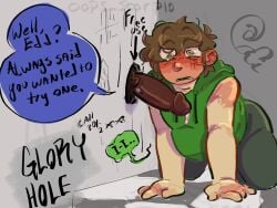 2boys about_to_do_blowjob big_black_cock blush brown_hair chubby chubby_male edd_(eddsworld) eddsworld fat fat_male gay glory_hole green_eyes hands_and_knees interracial male male/male male_only nervous on_fours precum pubic_hair submissive_male swirly_eyes tom_(eddsworld) yaoi