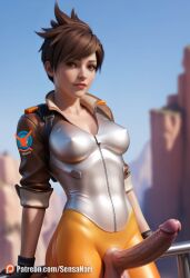 1futa ai_generated breasts brown_hair detailed dickgirl erect_penis erection facing_viewer female futa_only futanari highres huge_cock hung_futa intersex lena_oxton light-skinned_female light-skinned_futanari looking_at_viewer outdoors overwatch penis penis_out realistic sensanari short_hair solo solo_futa tracer
