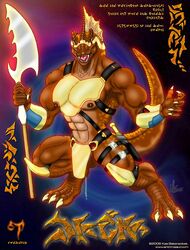 1boy armor balls claws cum dragon fangs green_eyes kaa_(artist) looking_at_viewer male male_only muscles penis precum reptile scalie solo standing tail testicles weapon