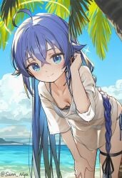 beach blue_eyes blue_hair bra breasts donquixotehc hand_in_hair hand_on_leg looking_at_viewer mushoku_tensei panties panties_visible_through_clothing roxy_migurdia see-through_clothing shirt wet_clothes