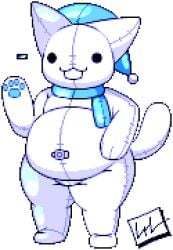 :3 anthro blue_hat cat_ears cat_tail chubby domestic_cat fat furry inflatable living_inflatable living_pool_toy living_pooltoy pawpads paws pixel_art pool_toy pooltoy scarf white_fur