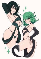2girls absurd_res ass breasts cremanata female female_focus female_only fubuki_(one-punch_man) green_eyes green_hair hi_res large_breasts light-skinned_female light_skin looking_at_viewer one-punch_man siblings sisters small_breasts tatsumaki thighs wide_hips
