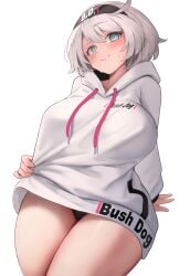 absurdres ahoge alternate_breast_size aqua_eyes black_hairband black_panties bob_cut breasts curvy drawstring elphelt_valentine female guilty_gear guilty_gear_strive hairband hakusyokuto highres hood hoodie huge_ahoge huge_breasts lifting_own_clothes looking_at_viewer marui_(company) official_alternate_costume panties short_hair simple_background smile solo thick_thighs thighs underwear white_background white_hair white_hoodie
