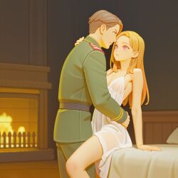 ai_generated bed bedroom blush couple cute fireplace imminent_sex indoors looking_at_partner looking_each_other married_couple mezrus soldier tagme transparent_clothing