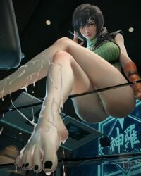 3d 3d_(artwork) 3d_model 3d_render artist_name asian asian_female black_hair black_nails black_toenails brown_eyes crossed_legs cum desk dominant_female female final_fantasy final_fantasy_vii final_fantasy_vii_rebirth final_fantasy_vii_remake glass_table highres holding_object holding_pen looking_at_viewer looking_down m71z30 ninja no_panties no_pants office office_desk painted_toenails red_eyes shinra short_hair sitting_on_glass teenage_girl young young_female yuffie_kisaragi