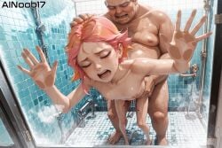 1boy 1girls against_glass age_difference ai_generated ainoob17 amanda_o'neill bathroom crying defloration deflowering fat_male forced little_witch_academia nude older_male orange_hair painful_penetration screaming shower skinny small_breasts standing standing_sex tagme tears two_tone_hair vaginal_penetration vaginal_sex wet