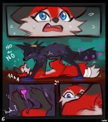 animal_genitalia animal_penis black_body black_fur black_nose blue_eyes canid canine canine_genitalia canine_penis closed_eyes colored_precum comic dialogue duo endy_(hyilpi) female feral fox fur genitals hyilpi imminent_rape imminent_sex male male/female mammal microsoft minecraft mojang penis penis_tip pink_eyes pink_penis red_body red_fur sheath vixy_(hyilpi) xbox_game_studios