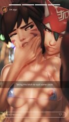 2girls 3d 3d_(artwork) asian_female beach bikini blender brown_hair d.va face_grab face_paint female_focus female_only girls_only green_hair grin headband human instagram kiriko_(overwatch) looking_at_camera looking_at_partner looking_at_viewer nipple_slip overwatch overwatch_2 selfie snapchat social_media zmsfm