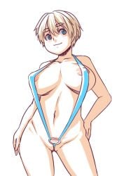 ass_visible_through_thighs bare_shoulders blonde_hair breasts clitoral_hood collarbone cowboy_shot facing_viewer female hands_on_own_hips large_breasts legs light_blush light_smile looking_to_the_side o-ring original pussy sanemichi_hajime short_hair simple_background slingshot_swimsuit swimsuit thighs white_background