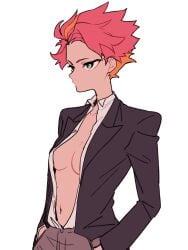 320_(romsen) amanda_o'neill bad_id bad_pixiv_id commentary_request crossdressing female formal_clothes green_eyes hair_slicked_back hands_in_pockets highres little_witch_academia multicolored_hair navel open_clothes open_shirt orange_hair red_hair reverse_trap shirt short_hair simple_background solo suit two-tone_hair upper_body white_background