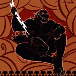 1:1 2024 absurd_res anthro anus belly big_belly bodily_fluids crazydrak dated erection front_view genital_fluids genitals godzilla godzilla_(series) hi_res holding_lightning_bolt humanoid_genitalia humanoid_penis kaiju male musclegut muscular muscular_anthro muscular_male narrowed_eyes nipples nude open_mouth pecs penis perineum precum precum_string restricted_palette scalie signature solo toho tongue tongue_out zeuszilla