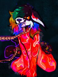 ambiguous_species anthro black_hair bodily_fluids canid canine canis drooling female flesh food forked_tongue fur gore hair hybrid living_tail mammal meat multicolored_hair noose nooseplay oil_spill_(starrmutt) orange_eyes purple_body purple_skin rainbow_hair red_eyes reptile saliva scalie snake snake_tail solo starrmutt tail tongue unusual_anatomy unusual_tail white_body white_fur wolf