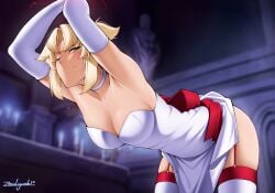 1girls armpits ass bent_over big_breasts blonde_hair choker collar dress elbow_gloves fate_(series) female_only garter_straps green_eyes magic mordred_(fate) no_panties restrained solo tagme thighhighs white_dress white_elbow_gloves white_gloves white_legwear white_thighhighs zealyush