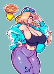 1girls big_breasts black_tank_top blonde_hair blue_eyes blue_jacket bra breasts cleavage clothing duo ear_piercing enormous_breasts female food gigantic_breasts glasses hourglass_figure huge_breasts human human_only jacket large_breasts light-skinned_female light_skin long_hair luma mammal mario_(series) mario_kart mario_kart_world mature mature_female nintendo pizza princess_rosalina purple_pants star tank_top thick_thighs thighs voluptuous voluptuous_female wide_hips xpisigma