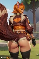 1girls ai_generated animal_ears artist_name ass ass_focus belt big_ass black_gloves black_thighhighs brown_hair cropped_jacket day female female_only fingerless_gloves from_behind fur-trimmed_jacket fur_trim gloves grass green_eyes hairband hi_res jacket kneeling light-skinned_female looking_at_viewer looking_back makeup marvel marvel_rivals micro_shorts orange_hair outdoors pouch rule34lab short_hair short_shorts shorts smile solo squirrel_ears squirrel_girl_(marvel) squirrel_girl_(marvel_rivals) squirrel_tail tail thighhighs tree