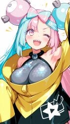 1girls ai_generated alternate_body_type bare_shoulders big_breasts blue_hair breasts collarbone creatures_(company) erfichs exposed_shoulders female front_view game_freak gym_leader hair hair_accessory hair_buns human human_only hyper_hair iono_(pokemon) jacket legwear long_hair long_sleeves long_twintails magnemite magnemite_hairclips nintendo open_clothes open_jacket outerwear pink_hair pokegirl pokemon pokemon_(franchise) pokemon_(species) pokemon_(trainer) pokemon_sv pokemon_trainer pseudo_hair ribbon_hair sidelocks sleeves_past_fingers sleeves_past_wrists solo twintails two_tone_hair video_game_character video_games wide_sleeves yellow_clothes yellow_eyes yellow_jacket_(clothing) yellow_sleeves