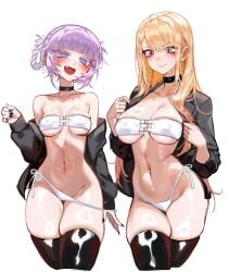 2girls bare_shoulders bikini black_choker black_jacket black_nails black_thighhighs blonde_hair blue_eyes blunt_bangs blush braid braided_hair_rings breasts choker closed_mouth commentary cropped_legs foolish_potato hair_rings highleg highleg_bikini highres jacket kitagawa_marin large_breasts long_hair long_sleeves looking_at_viewer medium_breasts multiple_girls nail_polish nanakusa_nazuna_(yofukashi_no_uta) navel oerba_yun_fang off_shoulder open_clothes open_jacket open_mouth pink_eyes purple_hair ringed_eyes season_connection shiny_skin side-tie_bikini_bottom sidelocks simple_background sleeves_pushed_up smile sono_bisque_doll_wa_koi_wo_suru strapless strapless_bikini sweat swimsuit thighhighs very_long_fingernails very_long_hair white_background white_bikini yofukashi_no_uta