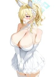 alternate_costume animal_ear_fluff animal_ears bare_shoulders blonde_hair blue_archive blue_eyes blue_halo breasts cleavage collarbone dress earrings elbow_gloves extra_ears female floating_earrings flower garter_straps gloves hair_flower hair_ornament hair_over_one_eye halo halter_dress halterneck huge_breasts jewelry kanna_(blue_archive) lace-trimmed_dress lace-trimmed_gloves lace-trimmed_thighhighs lace_trim own_hands_together ponytail short_dress simple_background skindentation sleeveless sleeveless_dress solo thighhighs thore_(nathalukpol) wavy_hair white_background white_dress white_flower white_gloves white_thighhighs