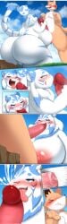 2023 4_fingers absurd_res ambiguous_gender anon ass big_breasts big_butt blue_ears blue_eyes bodily_fluids breasts brown_body comic cum cum_in_mouth cum_inside duo ejaculation felid fellatio female fingers genital_fluids genitals hands_up heart_symbol hi_res huge_breasts huge_butt kify licking_mouth macro_female macro_male male male/female mammal oral pantherine penile penis penis_grab sex shy size_difference smaller_ambiguous tiger vaginal_fluids white_body