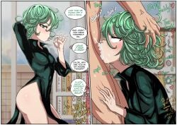 1boy 1girls cum cum_in_mouth cum_in_throat cum_inside cum_overflow curly_hair deepthroat english_text eyes_rolling_back fellatio fellatio_gesture female_human femsub green_eyes green_hair head_grab human human_male irrumatio light-skinned_female one_punch_man saitama tagme tatsumaki wacum