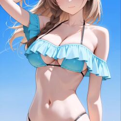 2025 ai_generated belly blue_bikini brown_hair_female closed_mouth face_visible female_only hand_on_hair instagram looking_at_viewer meta red_blush sky_background smile_at_viewer smiling_at_viewer ten01c tummy unknown_character