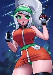 ax3lbravo axlhearts blush brendan_(pokemon) colored_eyelashes comic_cover gender_transformation genderswap_(mtf) gloves green_eyes heart-shaped_pupils huge_breasts may_(pokemon)_(cosplay) may_(pokemon_emerald)_(cosplay) panties panty_peek pokeball pokemon ponytail remake rule_63 rule_63 textless textless_version thick_thighs thighhighs underwear white_hair
