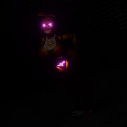 1:1 anthro avian big_breasts bird breasts chicken dark_room female five_nights_at_freddy's five_nights_at_freddy's_2 galliform gallus_(genus) glowing glowing_eyes glowing_tattoo hi_res phasianid scottgames sheeple3d smile smiling_at_viewer solo tattoo toothy_smile toy_chica_(fnaf) yellow_body
