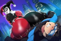 1boy 1girls ai_generated ass batman_(series) big_ass bottom_heavy breasts city clothed_sex dat_ass dc dc_comics dick_grayson female gotham_city harley_quinn harley_quinn_(classic) male mullon night nightwing novelai penis rough_sex sex supervillain thick_thighs voluptuous wide_hips