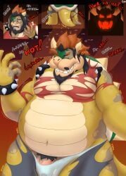 absurd_res anthro armband barazoku belly big_belly big_muscles biped black_hair bodily_fluids body_hair bowser bracelet bulge bursting_out_of_clothing clothing collar dialogue diethyl drooling eyebrows eyewear facial_hair front_view genital_fluids genitals glasses green_body green_scales grimace growth hair hi_res horn human human_to_anthro hypnosis identity_death jewelry koopa male male_only mammal mario_bros mid_transformation mind_control musclegut muscular navel nintendo overweight overweight_anthro overweight_male pecs penis precum precum_through_clothing precum_through_underwear pubes red_hair reptile saliva scales scalie sharp_teeth shell snout solo species_transformation spiked_armband spiked_bracelet spikes tail teeth text tf_into_fictional_character thick_eyebrows torn_clothing transformation transformation_sequence transformed_clothing underwear verbal_reaction_to_tf weight_gain wet wet_clothing yellow_body