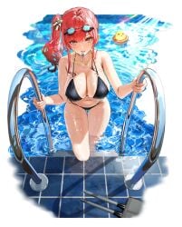 ahoge azur_lane bare_shoulders bikini bird black_background black_bikini blush breasts cg chick cleavage collarbone female full_body goggles goggles_on_head hair_ornament italian_flag large_breasts long_hair looking_at_viewer manjuu_(azur_lane) mouth_hold multi-strapped_bikini navel o-ring o-ring_bikini official_alternate_costume official_art pool pool_ladder poolside red_hair side_ponytail sidelocks skindentation smile solo stomach string_bikini swimsuit thigh_gap thighs tile_floor tiles transparent_background turret water wet whistle whistle_around_neck yellow_eyes zara_(azur_lane) zara_(poolside_coincidence)_(azur_lane)