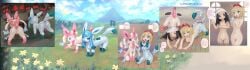 absurd_res akari_(pokemon) alpha_pokemon blonde_hair blue_body blue_eyes breasts bude busty_feral censored censored_genitalia censored_pussy ditto_(pokemon) ditto_face duo eevee eeveelution female feral generation_1_pokemon generation_4_pokemon generation_6_pokemon glaceon glistening glistening_body goo_transformation grass grey_eyes group hair hi_res human human_to_feral irida_(pokemon) loss_of_dexterity loss_of_speech mammal multicolored_body nintendo outside pink_body plant pokemon pokemon_(species) pokemon_transformation quadruped species_transformation sylveon tetetor-oort transformation white_body