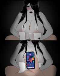 annoyed annoyed_expression big_breasts black_hair black_lipstick, breasts cleavage girl goth goth_girl kitokra_(artist) on_phone paizuri paizuri_lead_by_female paizuri_on_lap penis titjob white_body white_skin