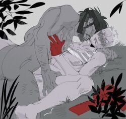 2boys big_boss blush body_hair bruise hickey_marks hickeys male_only metal_gear metal_gear_solid metal_gear_solid_3 monochrome naked_snake neck_kiss no_visible_genitalia on_grass revolver_ocelot shirt_pulled_up shivering sketch ver_nner