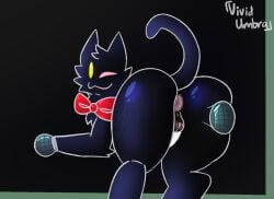 anthro anus ass bodily_fluids bow_tie butt_squish cat_mike_(deltarune) deltarune deltarune_chapter_4 electronics felid feline female genitals mammal microphone mike_(deltarune) one_eye_closed pluey_(deltarune) pussy rear_view shadowkat simple_background solo squish sweat tagme undertale_(series) wink