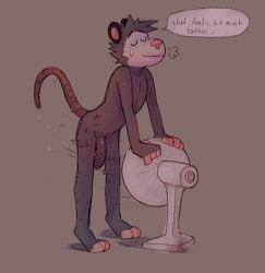2025 american_opossum anthro athletic athletic_anthro athletic_male big_penis bodily_fluids bowserboy101 breath closed_eyes dialogue dripping electric_fan electronics english_text eyebrows fan_(object) flaccid foreskin fur genitals grey_background hi_res humanoid_genitalia humanoid_penis male mammal marsupial motion_lines nude oliver_(bowserboy101) penis shadow simple_background smile solo standing sweat text tuft uncircumcised unretracted_foreskin