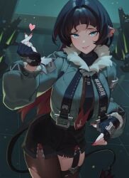 animal_ears black_gloves black_hair black_shorts blunt_bangs brown_pantyhose brown_thighhighs cowboy_shot dnaitari female fingerless_gloves fingernails fur-trimmed_jacket fur_trim gloves green_jacket grey_hair heart high-waist_shorts highres indoors jacket jane_doe_(zenless_zone_zero) long_hair looking_at_viewer mouse_ears mouse_girl mouse_tail multicolored_hair nail_polish pantyhose red_hair red_nails shorts sidelocks single_leg_pantyhose single_thighhigh smile solo standing tail thighhighs torn_clothes torn_pantyhose torn_thighhighs two-tone_hair zenless_zone_zero