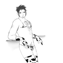 1boy angry cow_print cow_print_bikini dark_hair eddsworld gloves grumpy hairy hairy_male lingerie looking_at_viewer male male_in_lingerie male_only piercing piercings pubic_hair short_hair thighhighs tom_(eddsworld) underwear