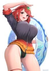 absurdres alternate_costume black_one-piece_swimsuit blush breasts earrings female floating_earrings from_below gonzarez gradient_clothes headpiece highres holding holding_swim_ring innertube jacket jewelry large_breasts looking_at_viewer one-piece_swimsuit open_mouth pyra pyra_(pro_swimmer)_(xenoblade) pyra_(xenoblade) red_eyes red_hair short_hair simple_background sleeves_rolled_up smile solo swept_bangs swim_ring swimsuit swimsuit_under_clothes tiara white_background xenoblade_(series) xenoblade_chronicles_(series) xenoblade_chronicles_2