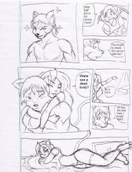 anthro canine chibi comic dialogue feline fur furry hug lying random sketch sparkles