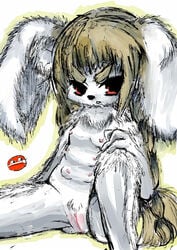 anthro braid breasts brown_hair bunny character_request chest_tuft female fur furry hair kemono lagomorph long_braid long_ears long_hair multi_breast pop'n_music pussy rabbit red_eyes sitting solo t_(artist) thick_eyebrows white_fur