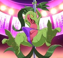 absurd_res anthro ass balls bulge butt_from_the_front clothed clothing dancing digital_media_(artwork) dracovar_valeford erection feet foot_fetish generation_3_pokemon genitals green_body grovyle hi_res humanoid_genitalia humanoid_penis leaf leaf_hair leaf_tail looking_at_viewer male multicolored_body nintendo open_mouth penis plant plant_hair pokemon pokemon_(species) pole pole_dancing pseudo_hair red_body semi-anthro smile solo tail thong thong_only tongue tongue_out topless two_tone_body underwear underwear_only yellow_sclera