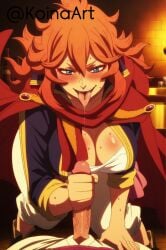 ai_generated black_clover cleavage cum female handjob highres huge_breasts koinaart leaning_forward mereoleona_vermillion milf orange_hair patreon perky_breasts pov smug stable_diffusion thick_thighs tongue_out wide_hips