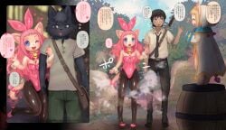 4_fingers absurd_res accessory anthro bag bell bell_collar black_body black_fur black_hair black_nose blonde_hair blue_eyes bottomwear bow_ribbon bow_tie breasts brown_eyes canid canine canis cat_tail closed_eyes clothing collar cuffs_(clothing) day dialogue domestic_cat domestic_dog fake_ears fake_rabbit_ears felid feline felis female fingers footwear fur furgonomics gender_transformation green_bottomwear green_clothing green_pants grey_eyes group hair heart_symbol hi_res human human_to_anthro inside legwear leotard light_blush male mammal medium_breasts melee_weapon membrane_(anatomy) membranous_wings mtf_transformation musical_note musical_symbol office_clothing open_mouth outside pants pantyhose pawpads pink_clothing pink_footwear pink_hair pink_leotard pink_nose pink_shoes pupils ribbons robe shoes slit_pupils spade_tail species_transformation standing_on_object sword symbol tail tail_accessory tail_bow tail_ribbon tetetor-oort text transformation translation_request trio weapon white_body white_clothing white_fur white_robe wings winking_at_another