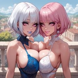 2girls ai_generated bimbo bimbo_lips blue_lips blunt_bangs breast_press breast_squeeze choker choose_your_own_adventure earrings female huge_breasts makeup pink_eyes pink_lips tight_clothing twins