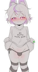 1boy alternate_version_available blush legwear nervous_expression nervous_sweat original_character pantyshot purple_eyes ring_on_finger striped_socks sweating text_on_shirt wolfboy