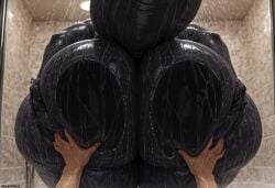 ai_generated ass black_body darkeffect dragon, presenting presenting_hindquarters rear_view reptile reptile_humanoid shower showering thick_thighs wide_hips