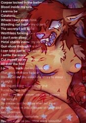 aardwolf altayr ambiguous_gender anthro blood blood_from_wound blue_body blue_skin bodily_fluids breasts brown_body brown_fur brown_hyena crying female femtanyl fur hi_res hyena lyrics mammal markings mastectomy_scar scar self-harm solo star_(marking) starrmutt stripes tears vent_art wounded yelling